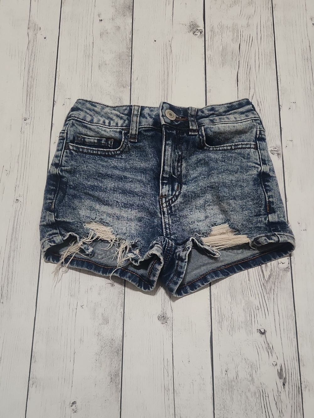 SO Junior Girls Size 0/24W Distressed Dark Wash High Rise Shortie Jean Shorts